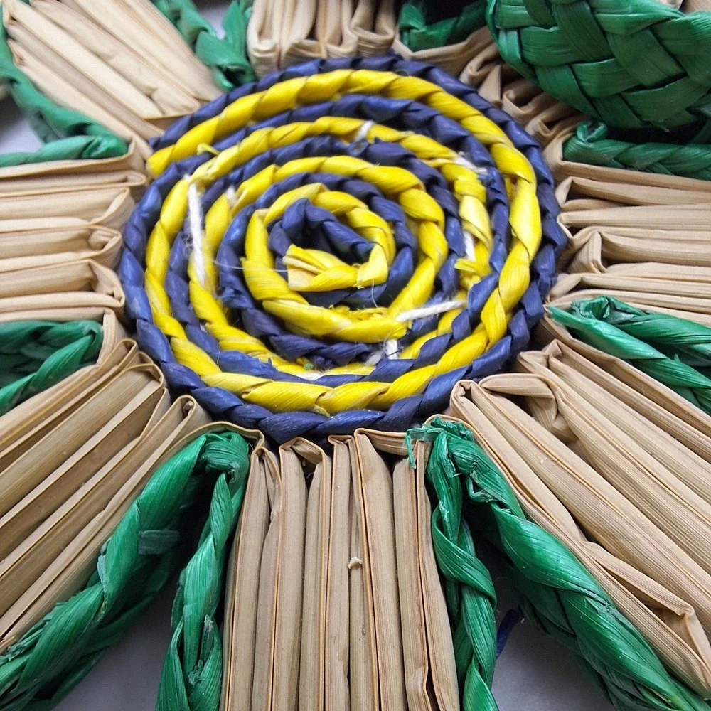 Woven Flower Trivet Coasters Set Natural Braided Rattan Green Blue Yellow Floral